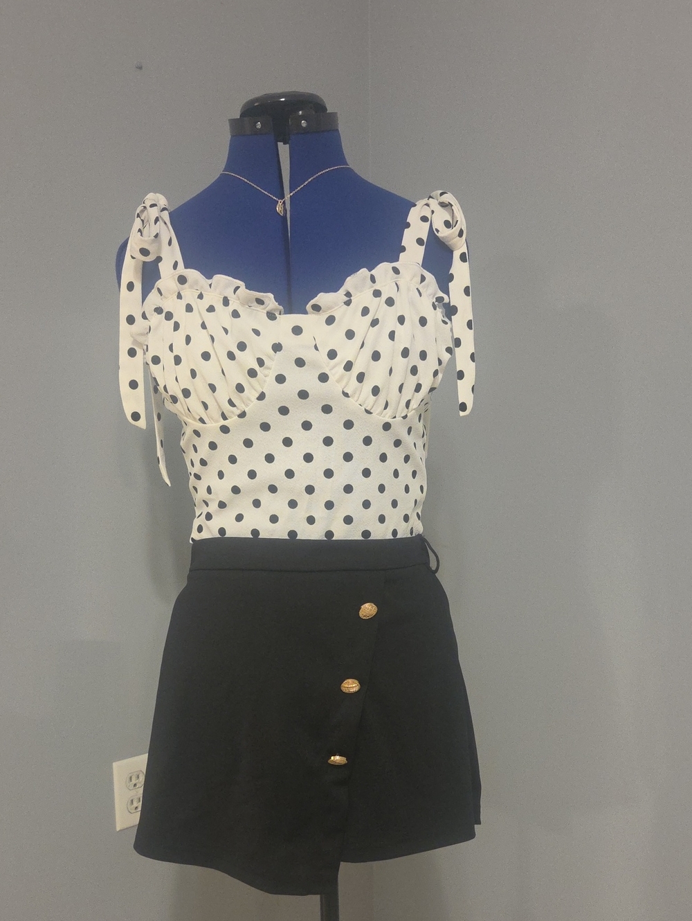 2 Piece Set Black Button-Front Skort with Classic Black and White Polka Dot Top